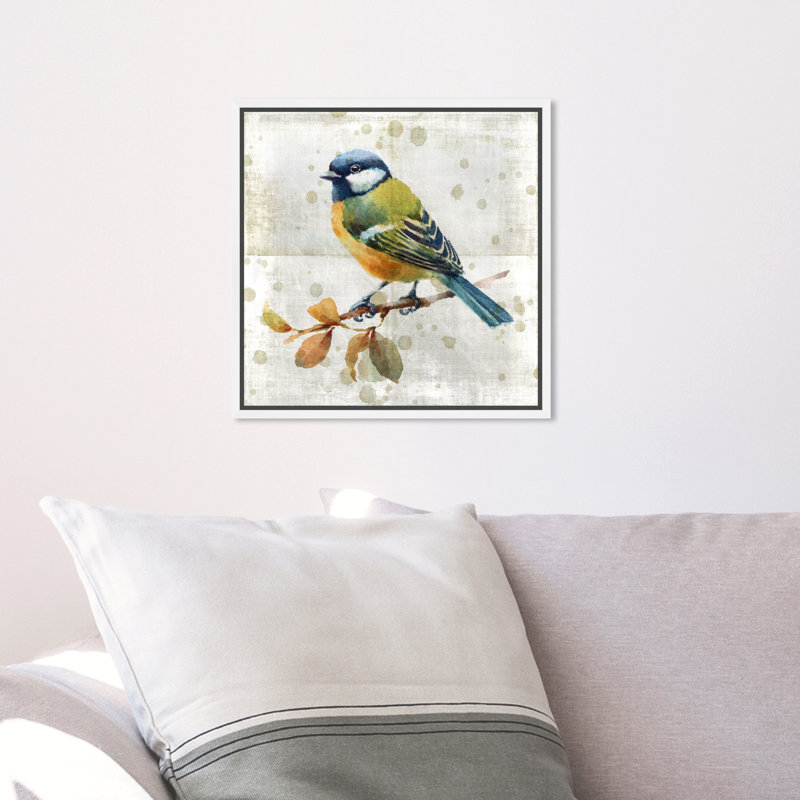 Oiseau bleu - peinture sur toile, H 12 po x l 12 po, Cadre blanc