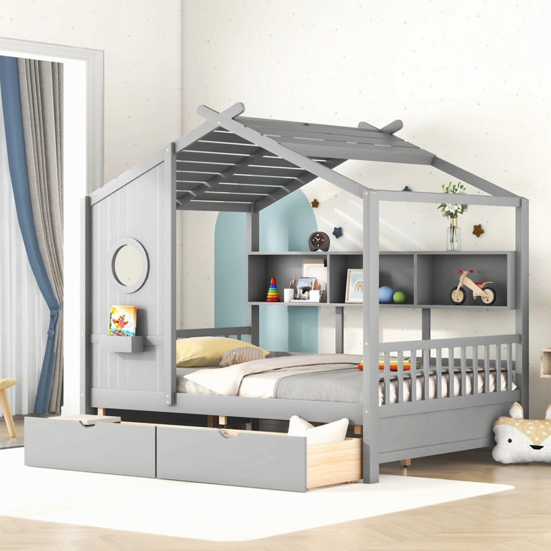 Lit en bois avec 2 tiroirs, lit pour enfant avec tablette de rangement, Lit double, Gris