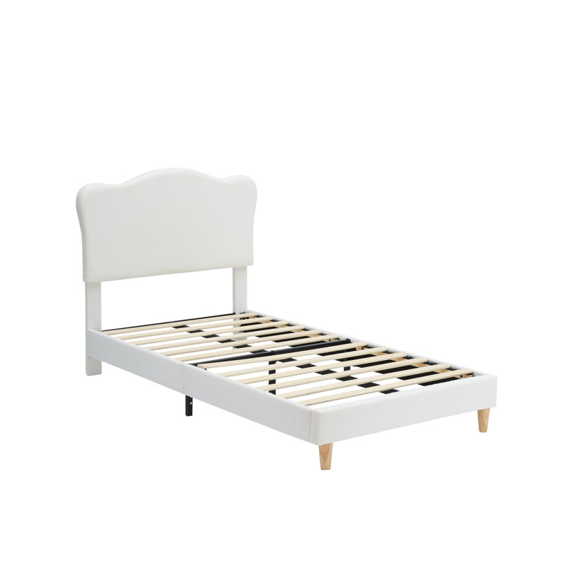 Lit plateforme pour enfant en polaire sherpa, tête de lit rembourrée réglable, sommier à lattes en bois silencieux, sans sommier tapissier – Beige