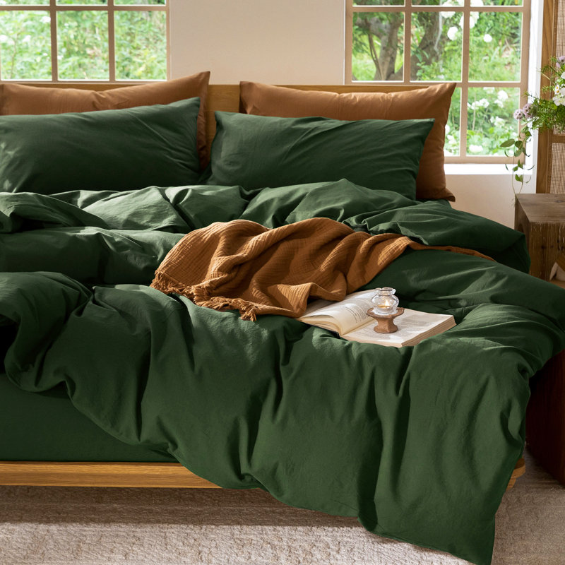 MooMee Duvet Cover Set 100% Washed Cotton Linen Like Textured Lightweight, Forest Green
