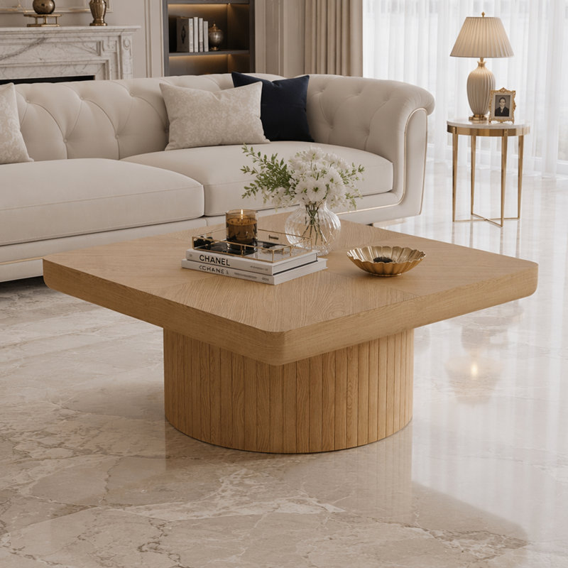 Table basse carrée avec base cylindrique, Naturel