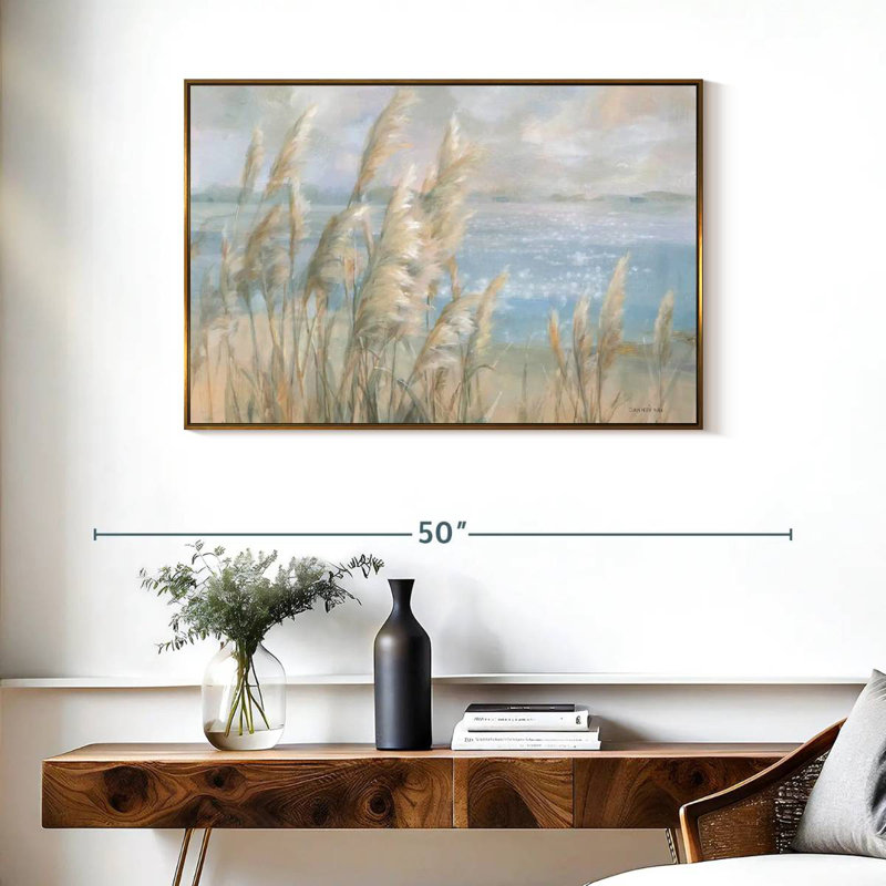 Herbe de la pampa au bord de la mer, 37 po x 25 po, Cadre flottant doré