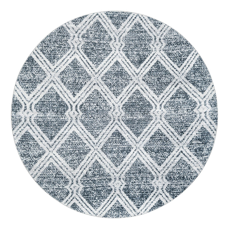 Tapis géométrique en polyester bleu / ivoire Massie, Rond 5 pi 3 po