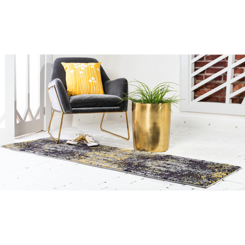 Tapis abstrait jaune / gris / mauve Eddins, Tapis de couloir 2 pi 2 po x 6 pi 7 po