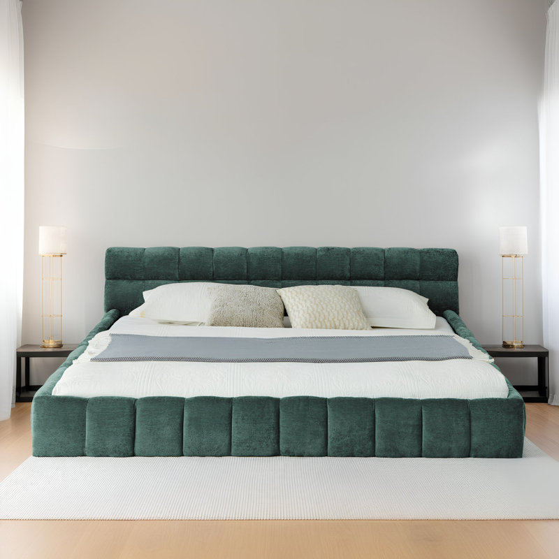 Upholstered California King Platform Bed with Headboard - Soft Chenille Fabric, No Box Spring Needed, Green