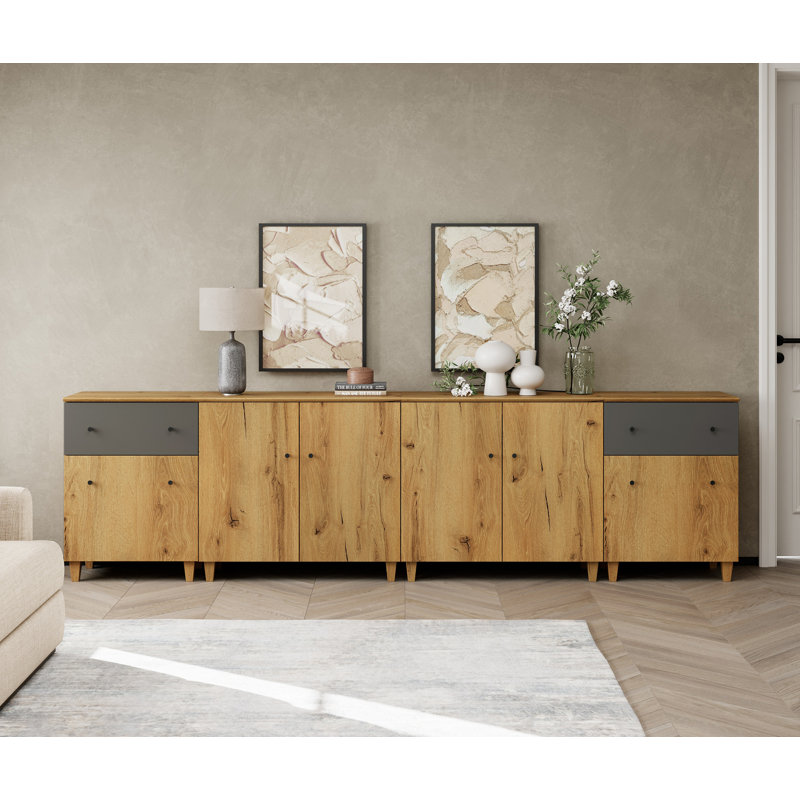 Buffet 4 en 1 avec portes et tiroirs, 118 po, Gris / brun chêne