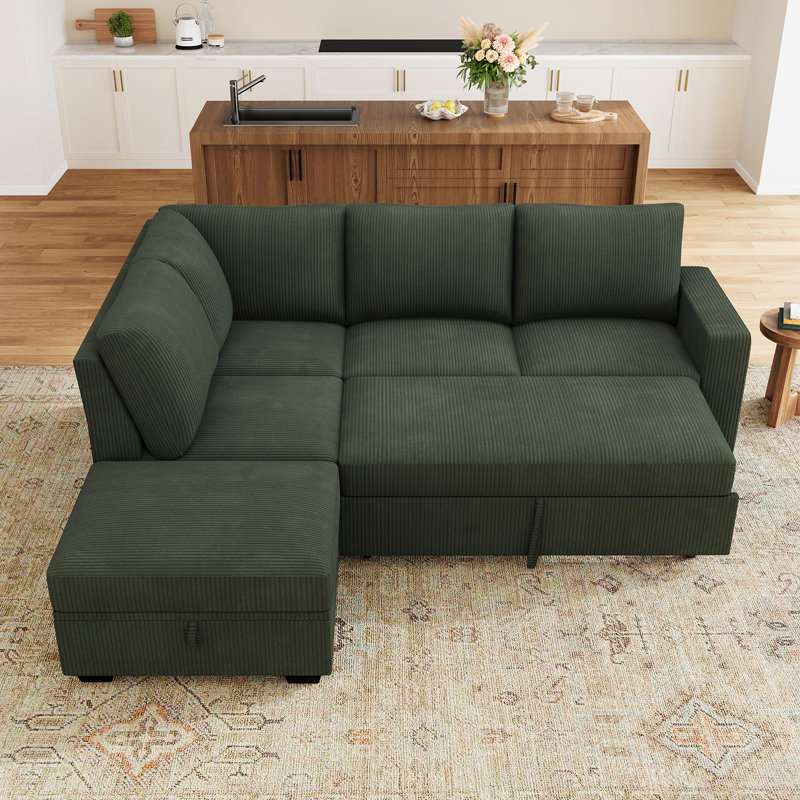 Brunella L Shaped Upholstered Corduroy Sleeper Sectional Sofa Green, Green Corduroy, 35" H x 87" W x 84.2" D