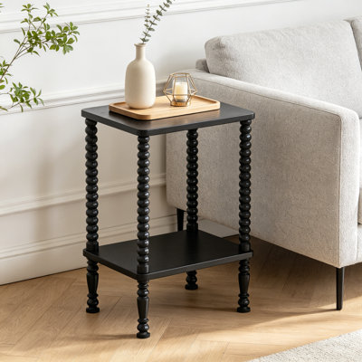 2-Tier Wood End Table, Vintage Bedside Nightstand with Open Storage Shelf, Retro Spindle Legs, for Living Room, Bedroom, Office