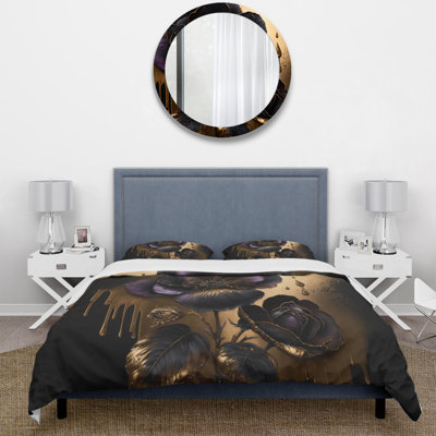 Black and Gold Violets II - Ensemble de housse de couette à motif floral violet - Microfibre de polyester