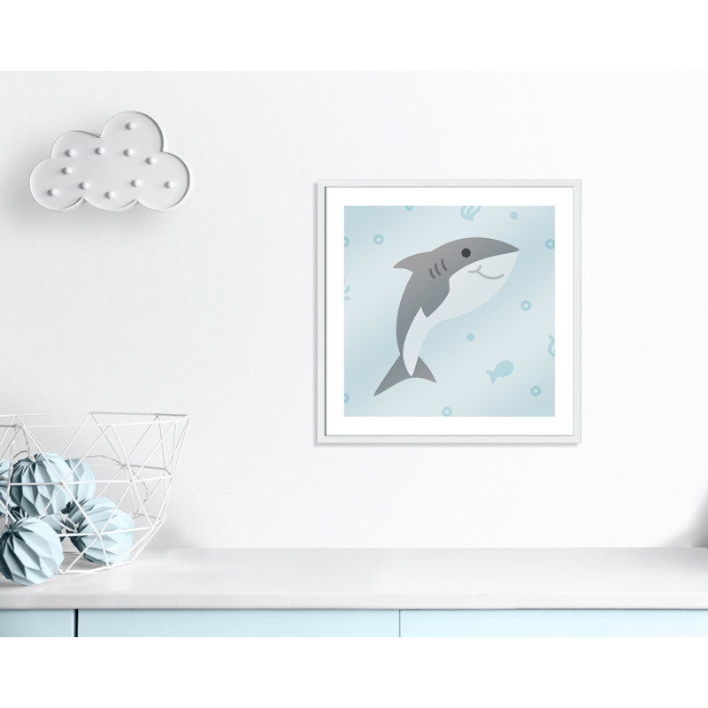 Happy Shark Paper Print, 26.5" H x 26.5" W x 1.18" D, White Box Framed
