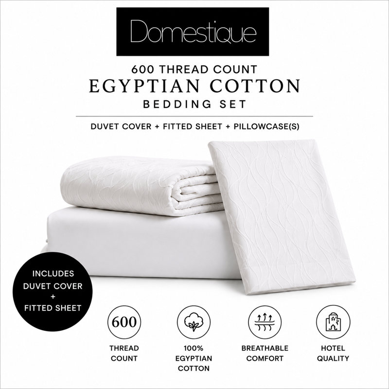 Domestique 600 Thread Count Egyptian Cotton King Bedding Set with Duvet Cover, Deep Pocket Fitted Sheet & Pillowcase(s) – Hotel Collection