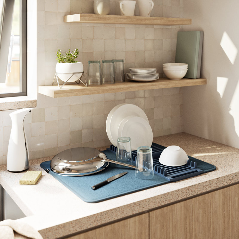 Denim Foldable Plastic Dish Rack with Utensil Cup