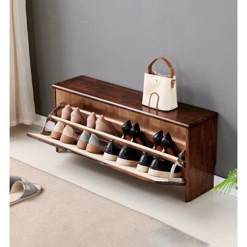 Banc de rangement à chaussures rabattable en bois foncé, armoire à chaussures avec compartiment caché