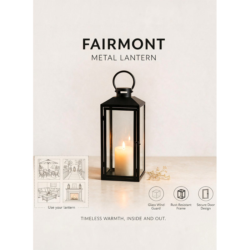 Lanterne en métal Sermont Spaces Living Fairmont, lanterne à bougie noire avec panneaux de verre, porte-bougie pilier pour décor intérieur et extérieur couvert, porche, mariage et foyer, carré 7,75 po x 22,5 po de hauteur