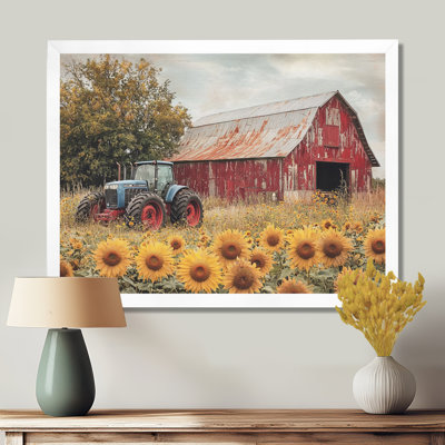 Divyne Country Side Sunflowers With Tractor Farm III - farm Wall Art