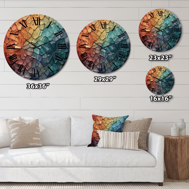 Horloge murale surdimensionnée en bois coloré à mosaïques colorées II, Petit