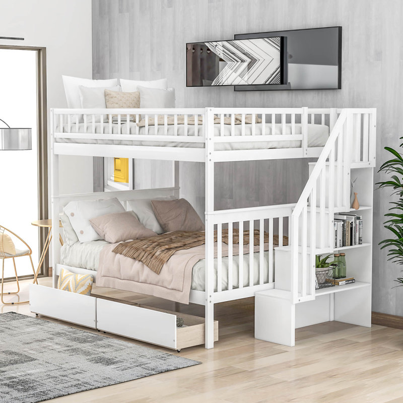 Lit superposé double en bois avec tablettes Alisiana Kids, Blanc