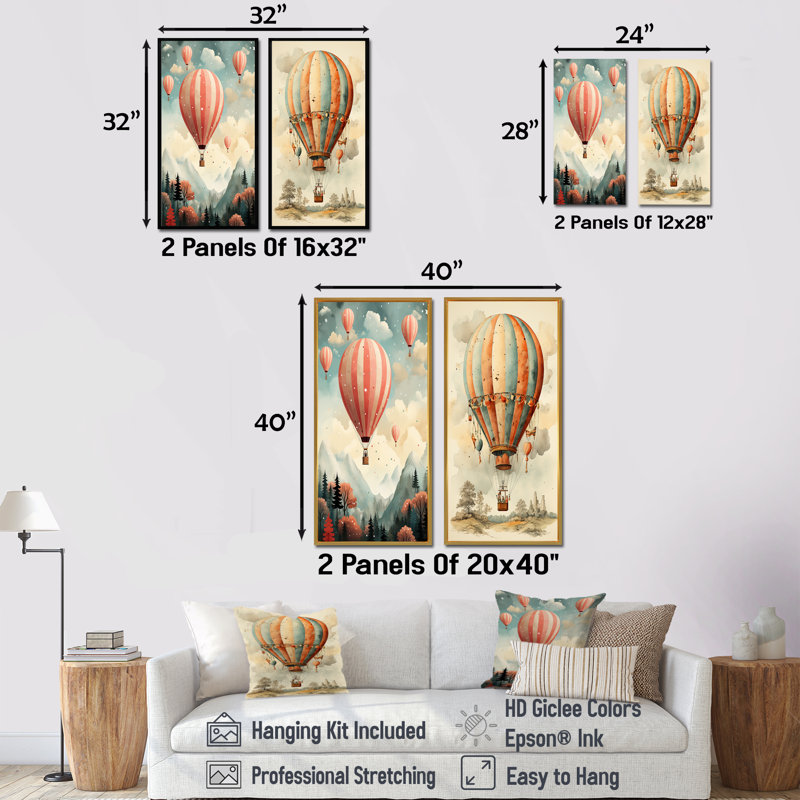 Classic Classic - Montgolfière - ensemble de 2 reproductions d'art sur toile, Encadrement doré, H 28 po x l 25 po