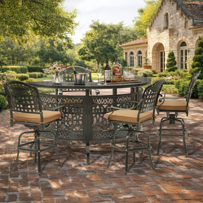  Ensemble de bar de patio 5 pièces, table de bar demi-lune en aluminium coulé résistant aux intempéries avec rangement à 2 niveaux, 4 tabourets et coussins de bar pivotants, ensemble de bar robuste pour le jardin, le bord de la piscine, la cour