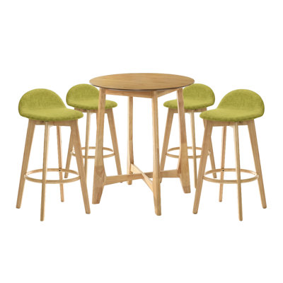 Ensemble de bar en bois 5 pièces Whyte au fini naturel et sièges vert mousse