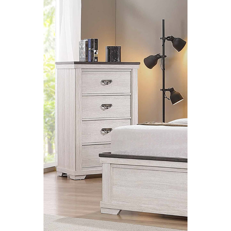 Commode de chambre à finition beige, quatre tiroirs, gris rustique contemporain + poignée de tiroir en métal blanc