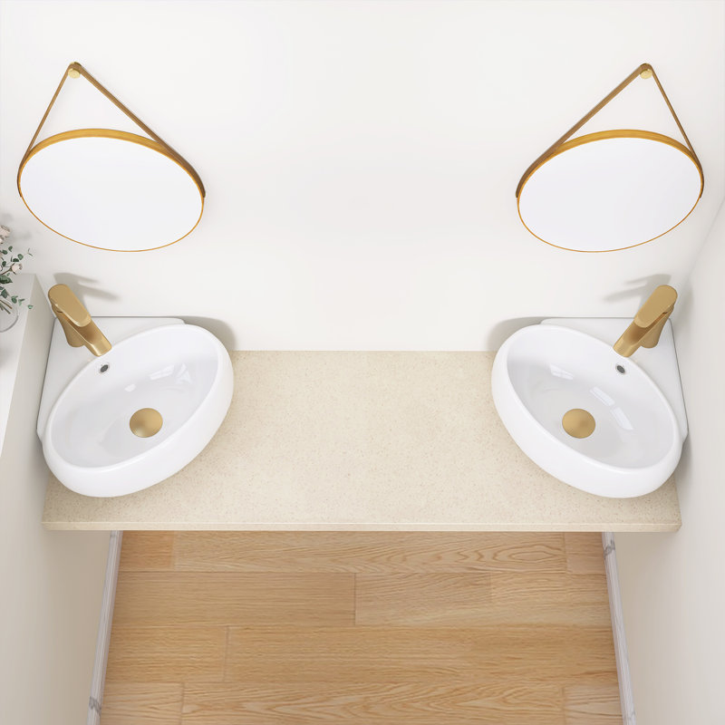 14.19" W X 15" D Wall-Mounted Corner Bathroom Sink Oval Wall Hung Ceramic Sink RV White Floating Vessel Sink with Integrated Overflow