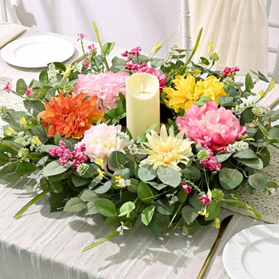 2 pièces couronnes d'été, couronne de Pâques, couronnes de printemps pour la porte d'entrée à l'extérieur, grande couronne de porte d'entrée avec pivoine, dahlia, fleur rose, feuilles d'eucalyptus vert, décor de porche extérieur de ferme