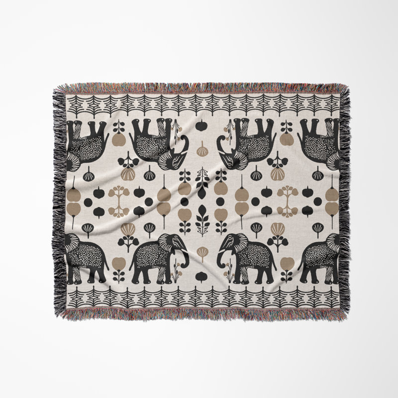 Jeté en mélange de coton Gardo Elephant, Beige / noir / blanc cassé, L 80 po x l 60 po