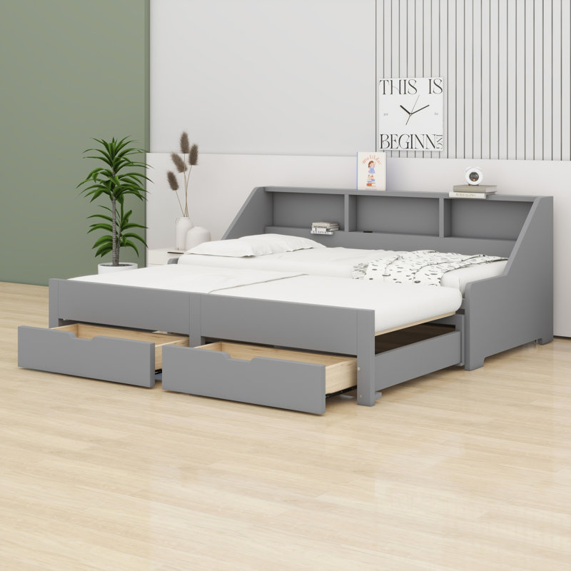 Daybed Frame With Storage Bookcases And Two Drawers,Charging Design, Gray