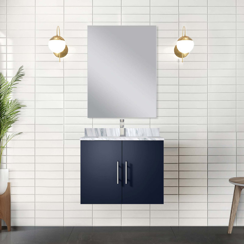 Meuble-lavabo luxueux avec comptoir en marbre et miroir, rehaussant l'esthétique de la salle de bain, Blanc, Marine