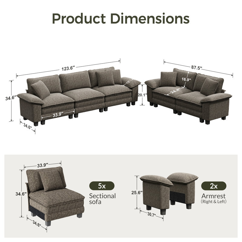 Ensemble de canapé modulaire rembourré 2 pièces, ensemble de canapé surdimensionné avec causeuse et canapé, Chenille cendré