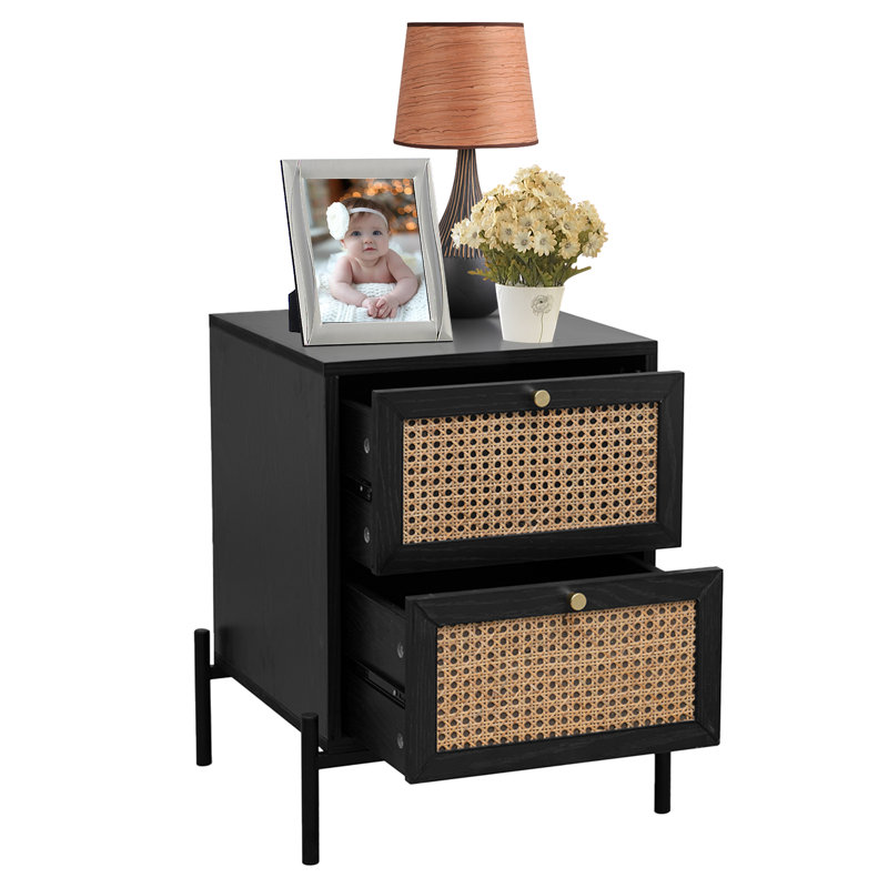 Alamdaar Modern Black Rattan 2 Drawer Bedside Table For Stylish Bedrooms