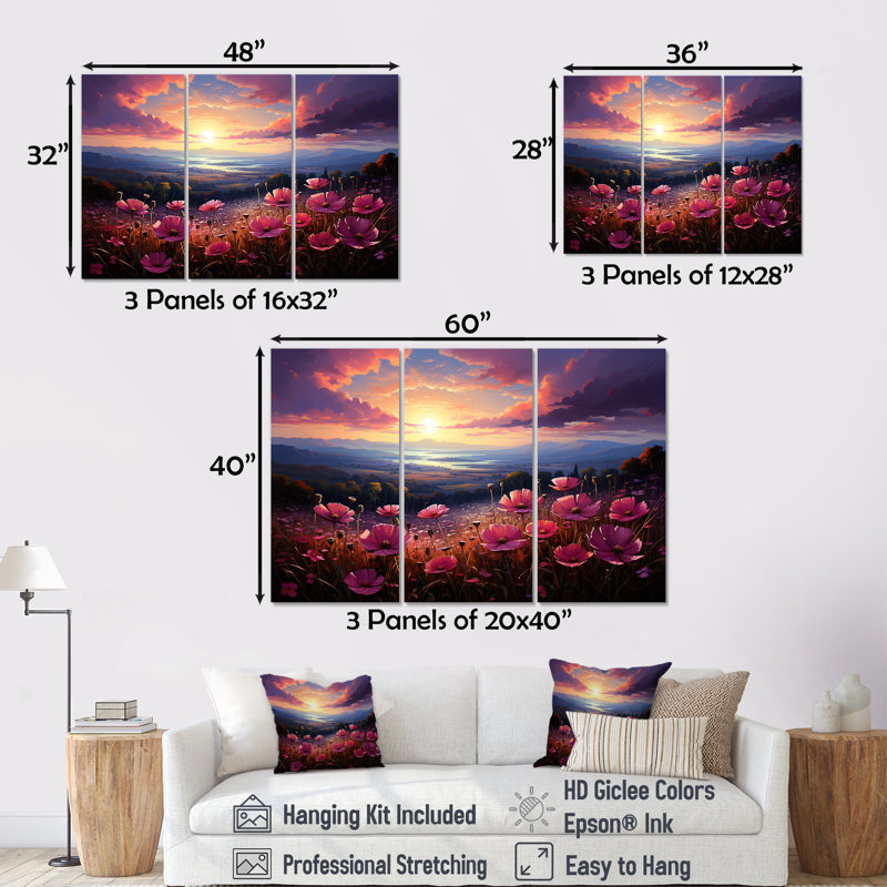 «Pink Crimson Flower S Embrace II», ensemble de reproductions d'art mural, H 28 po x l 36 po x P 1 po, Toile tendue