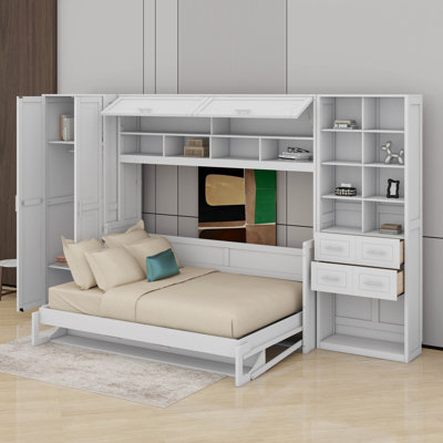 Grand lit escamotable avec placard, tiroirs et tablettes