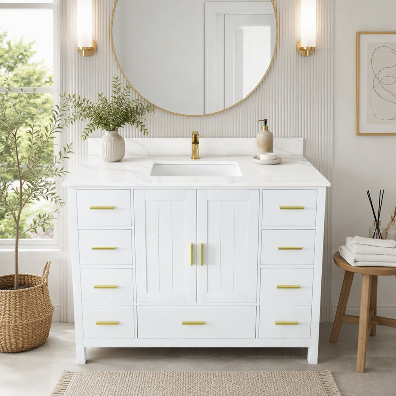 Meuble-lavabo moderne en bois massif avec plateau en quartz de Carrare, portes à fermeture douce et tiroirs spacieux pour un rangement élégant
