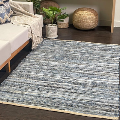 Tapis bleu / gris en coton tressé à la main Border