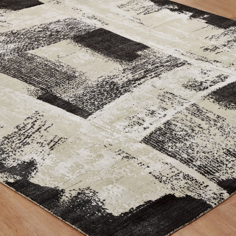 Atelier Inkstroke Ivory Black Wool Hand Loomed Area Rug, Rectangle 7'6" x 9'6"
