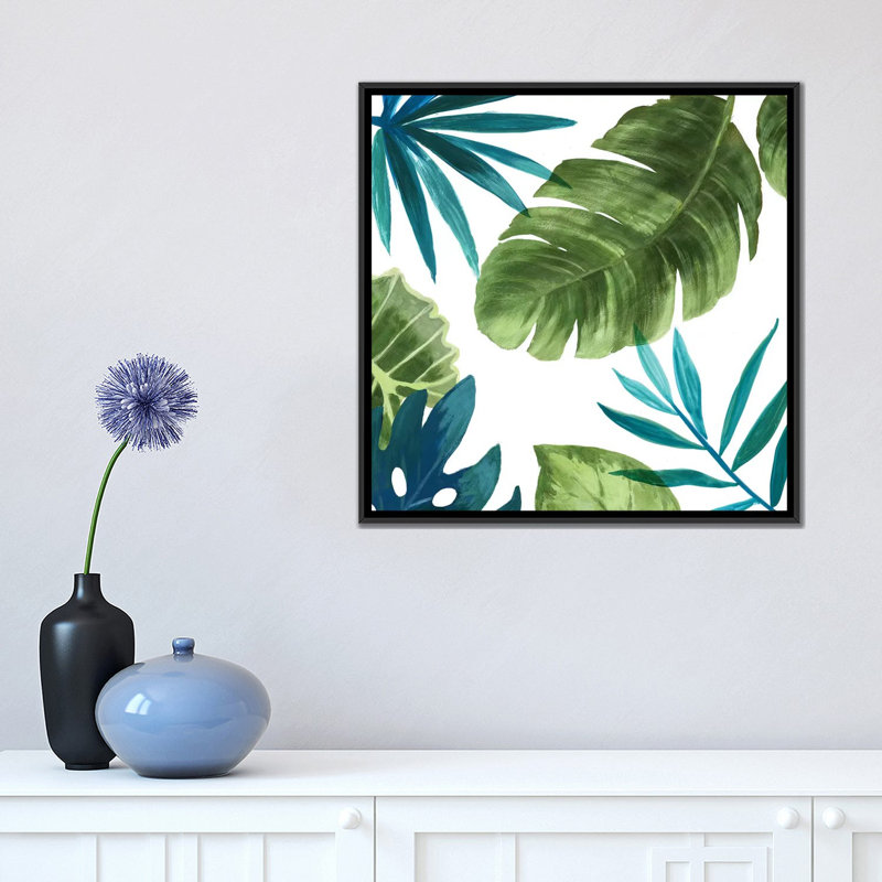 « tropical leaves ii », impression sur toile, H 18 po x l 18 po x p 1,5 po, Toile avec cadre noir, Pas de tapis