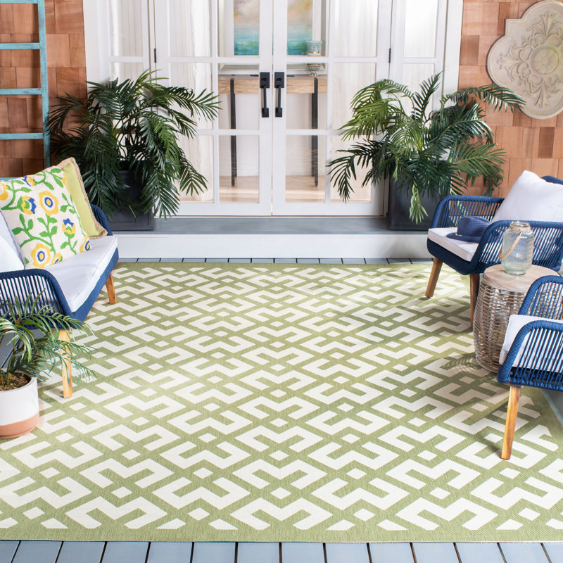 Arneshia Geometric Beige/Green Area Indoor/Outdoor Area Rug, Rectangle 9' x 12'