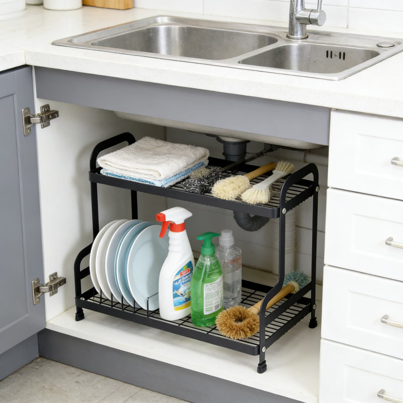 Étagère de rangement à 2 niveaux en métal pour le rangement de la cuisine et de la salle de bain, organisateur robuste sous l'évier pour les cosmétiques, les épices et les articles de toilette