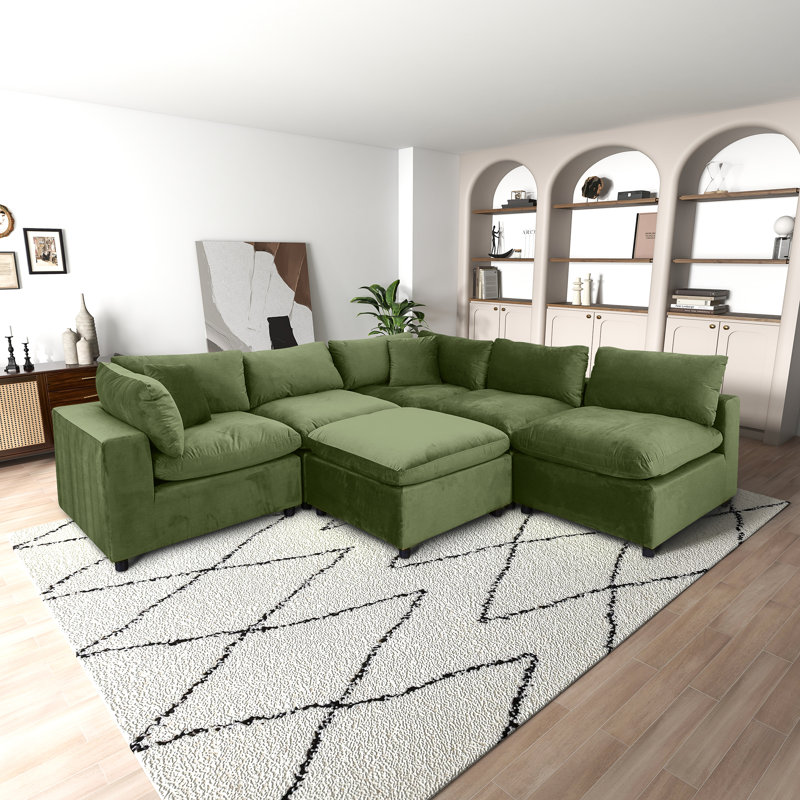 Canapé modulaire 6 pièces rembourré, Velours vert olive