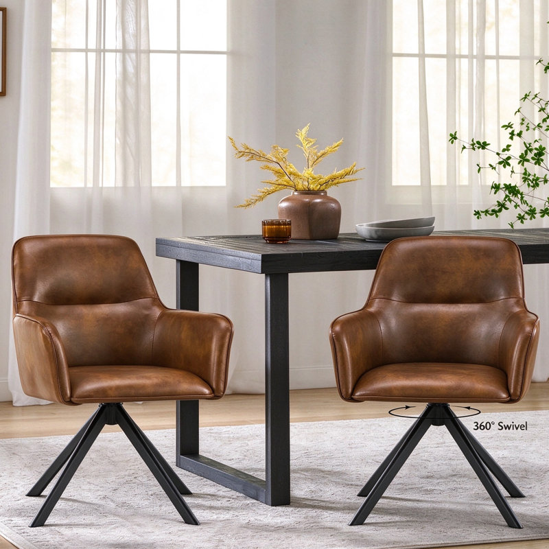 Mid-Century Modern Faux Leather Upholstered Swivel Dining Chairs, Accent Armchairs With Metal Legs , Brown-Faux Leather