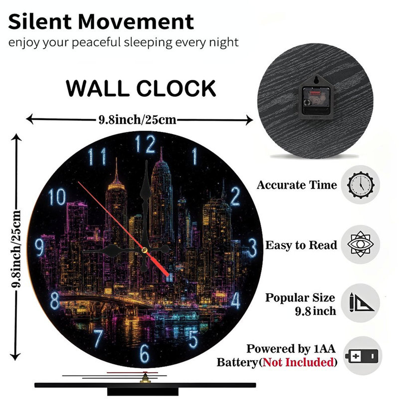 Clock Face With Neon effect Cityscape