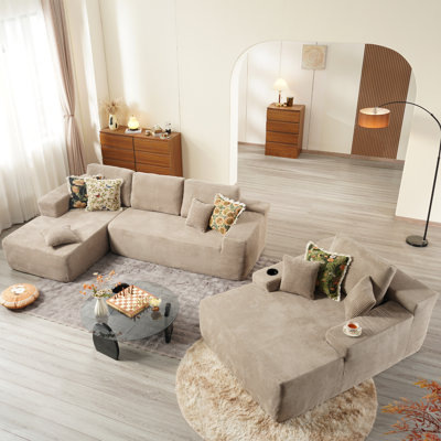 Ensemble de salon 3 pièces sans assemblage, canapé modulaire en velours côtelé avec causeuse et méridienne