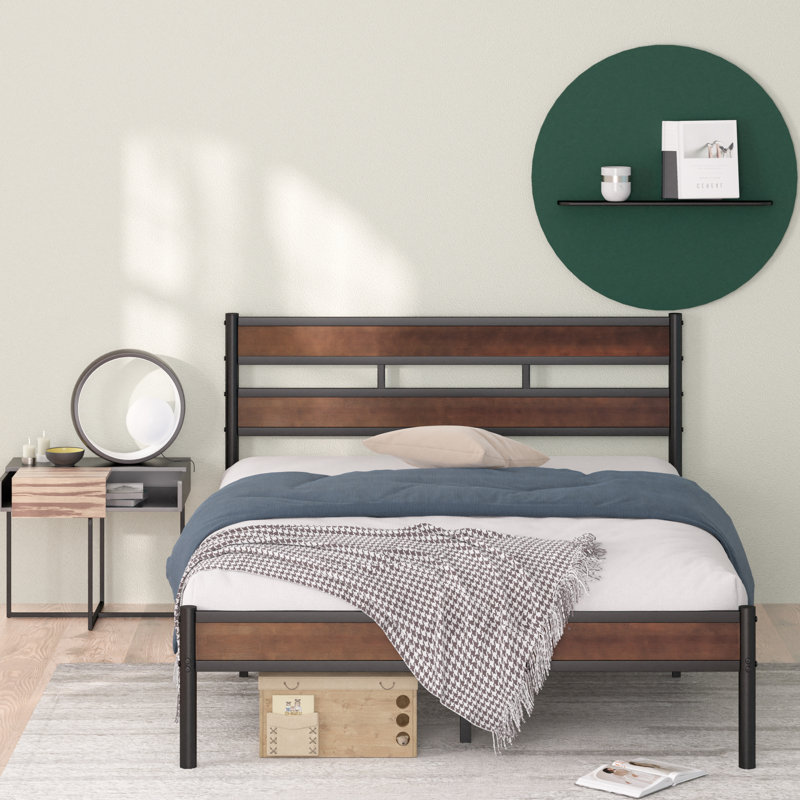 Queen Brown Bamboo and Black Metal Platform Bed Frame with Slatted Headboard