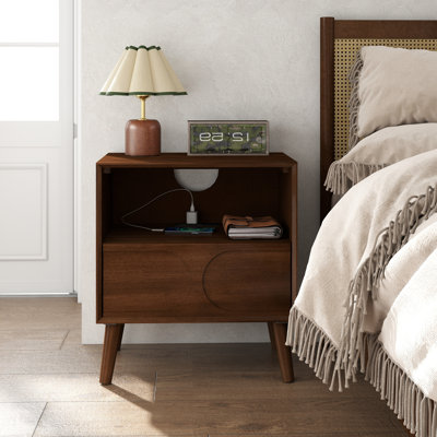 Farmhouse Nightstand with USB Charging Station, Outlet & Drawer - Mid Century Modern Fluted Design, Solid Wood Legs, Walnut