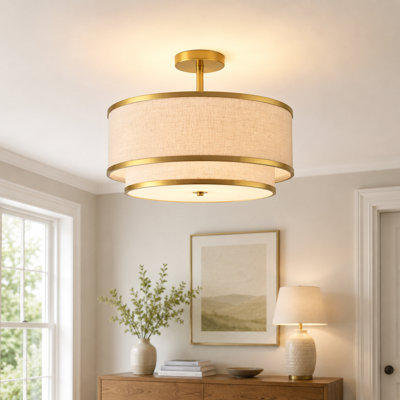 Plafonnier semi-encastré 3 lumières en lin moderne avec abat-jour profilé en tissu près du plafond pour vestibule de chambre à coucher