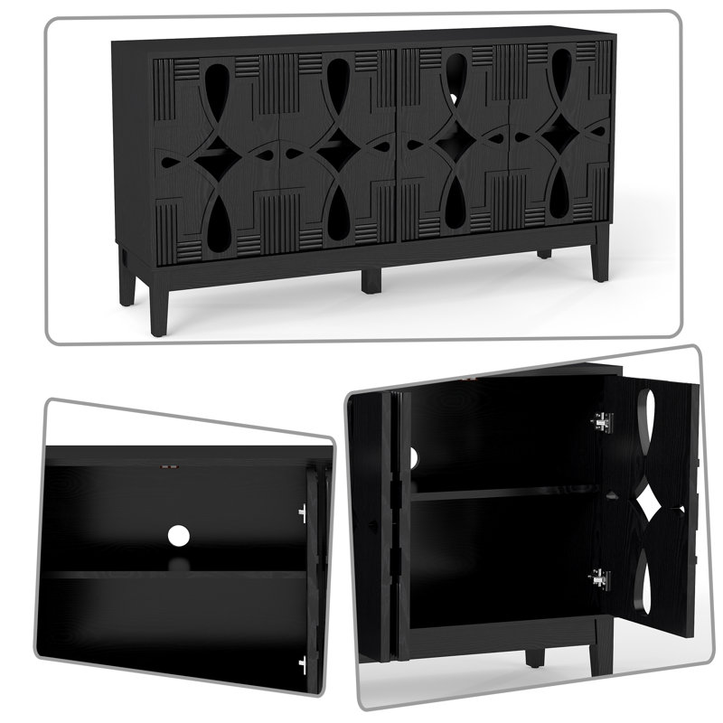 Mid-Century Modern 4-Door Wood Sideboard with Cut-Out Pattern and Adjustable Shelves, Black