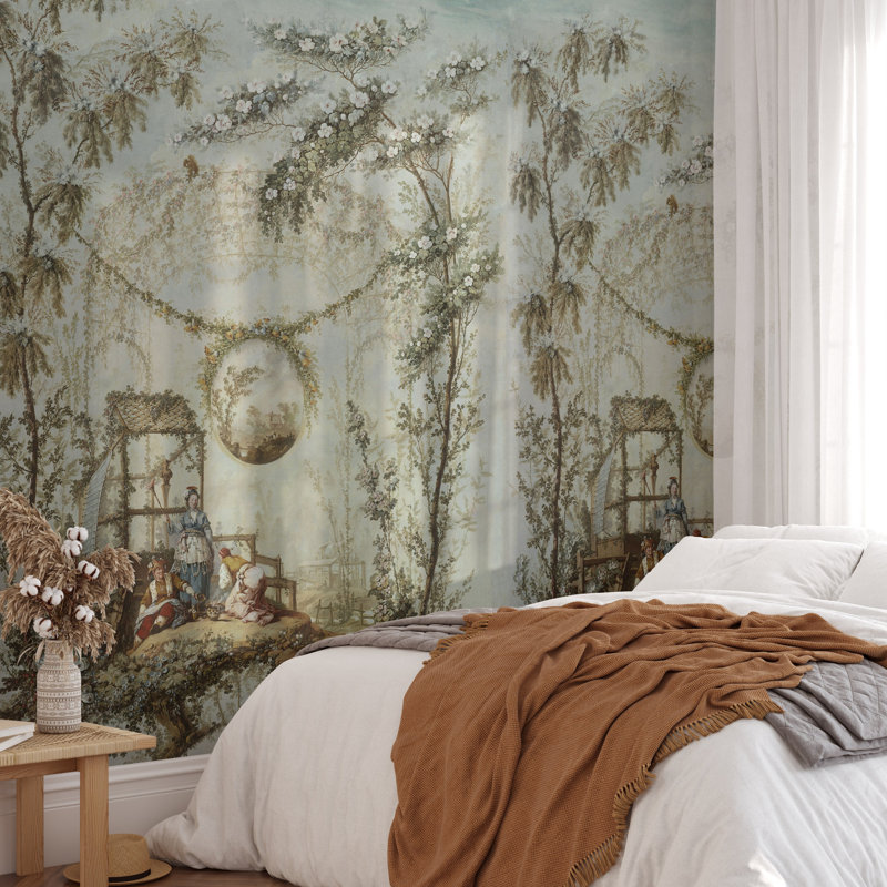 Blue French Rococo Chinoiserie Panel Wallpaper