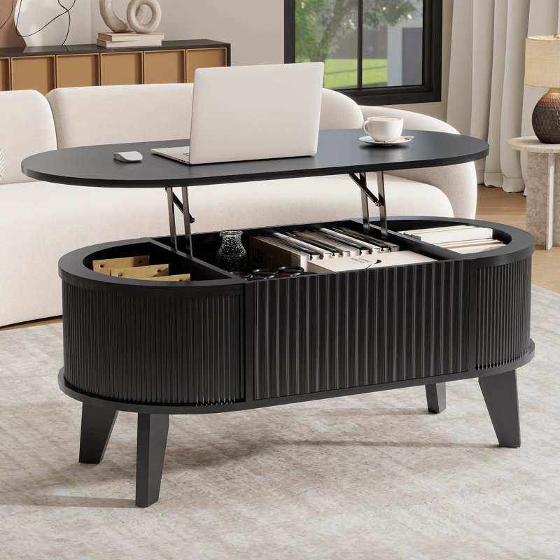 Lyra Lift Top Coffee Table with Storage, Modern Black Oval Wood Coffee Table for Living Room,38.6"W x 18.9"D x 18.5"H, Black